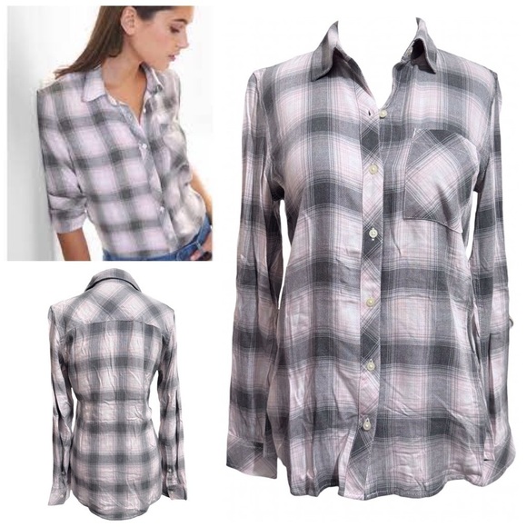 GAP DRAPEY PLAID BUTTON UP SHIRT in PINK & GRAY Size XSMALL - Picture 1 of 8